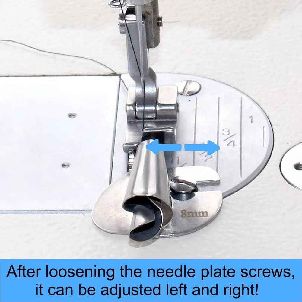 Rolled hemmer foot on sewing machine, marked 8mm opening for rolled edges