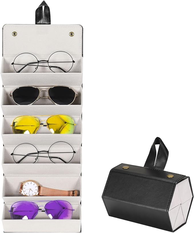 PU Leather Foldable Sunglasses Organizer Box Eyeglass Holder Black
