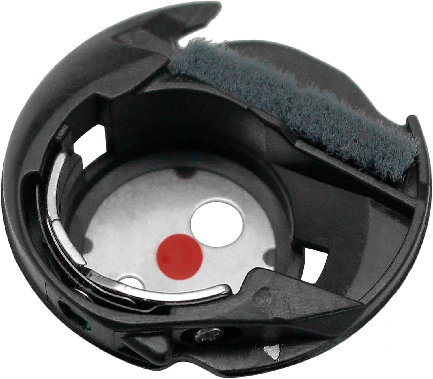 Bobbin case: angled view of black plastic cover with felt strip and metal plate