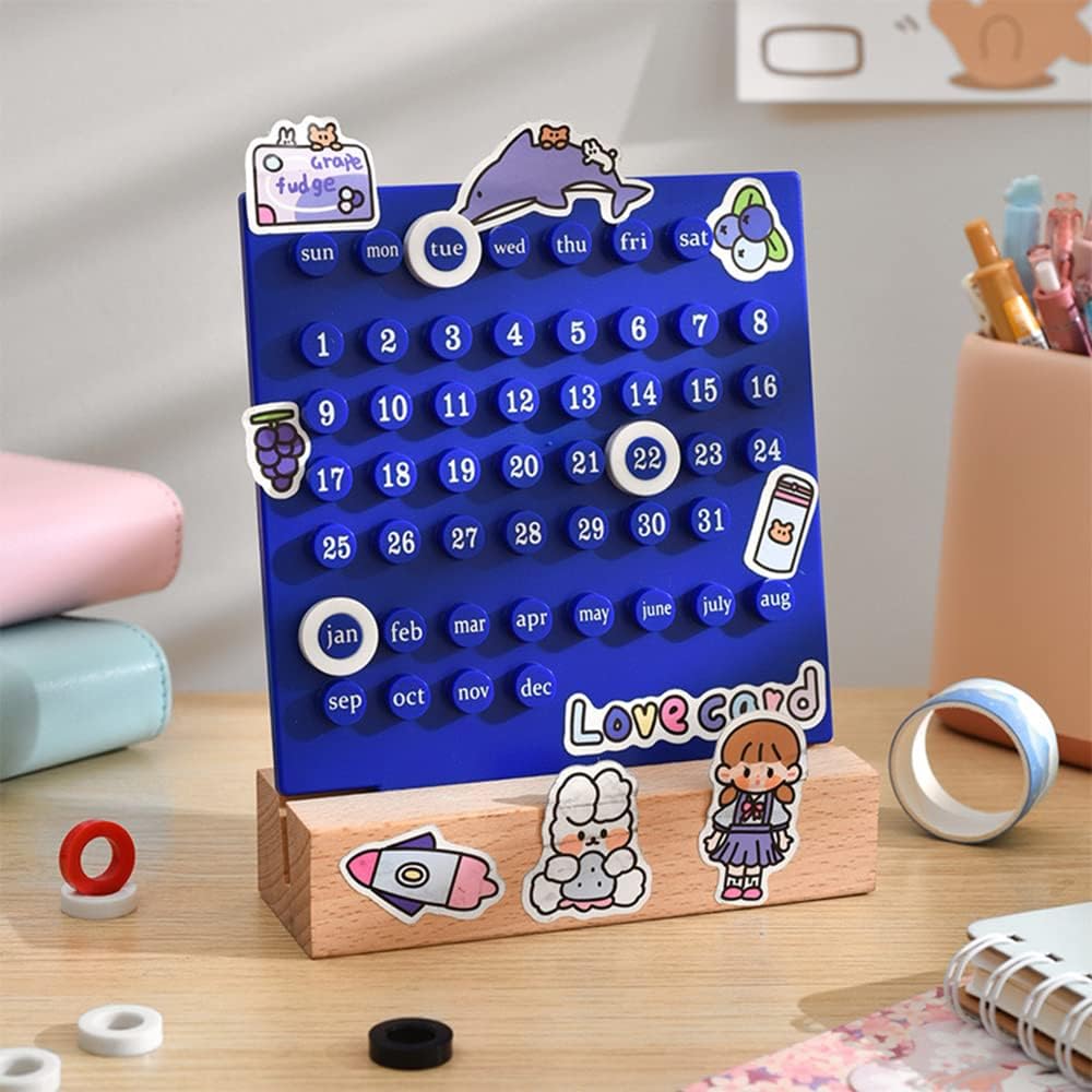 Wooden Desk Ring Perpetual Planner Calendar Blue