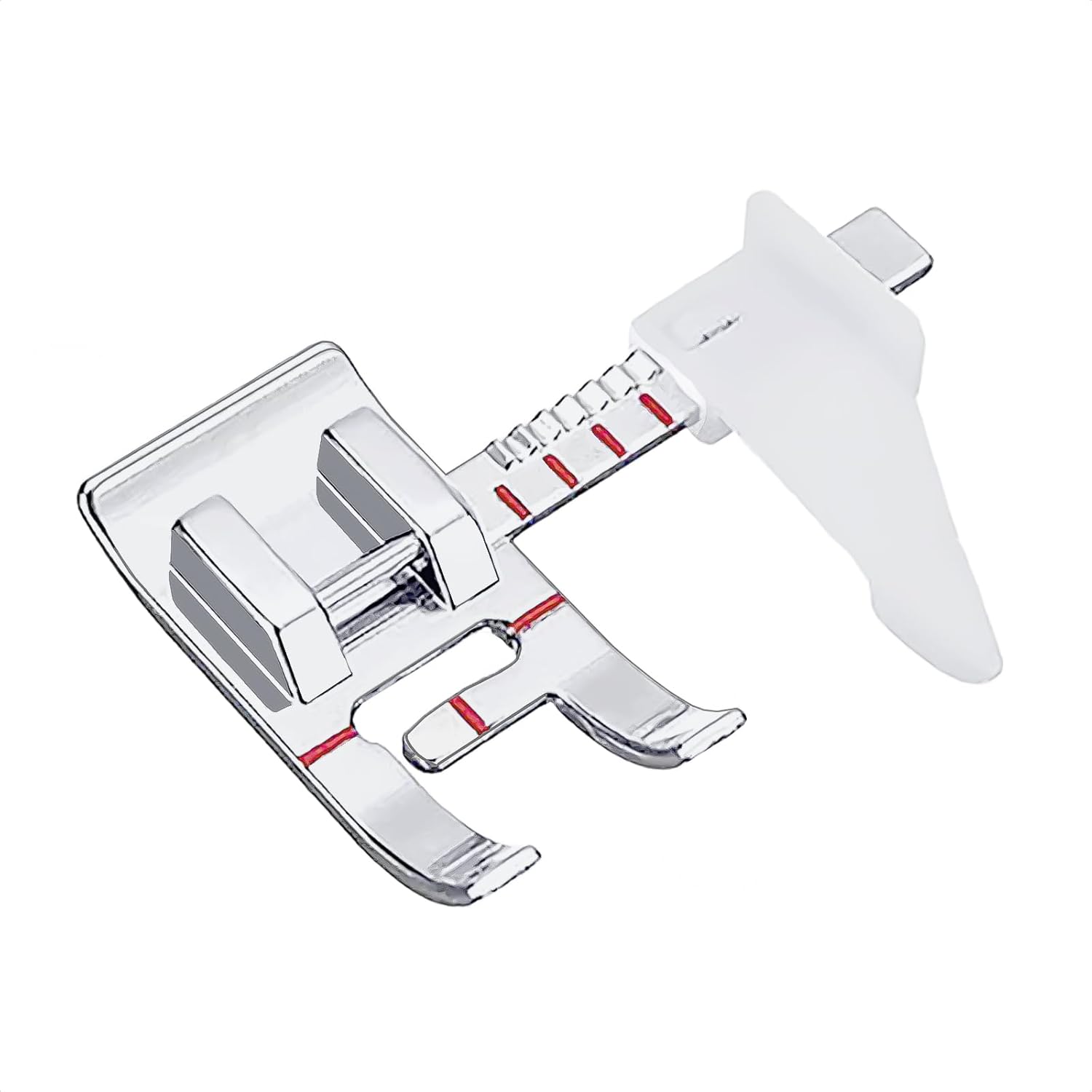 Adjustable presser foot with guide fence, chrome and white with red accents