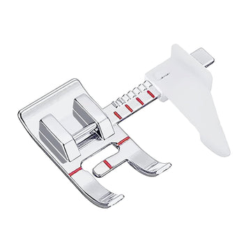 Adjustable presser foot with guide fence, chrome and white with red accents