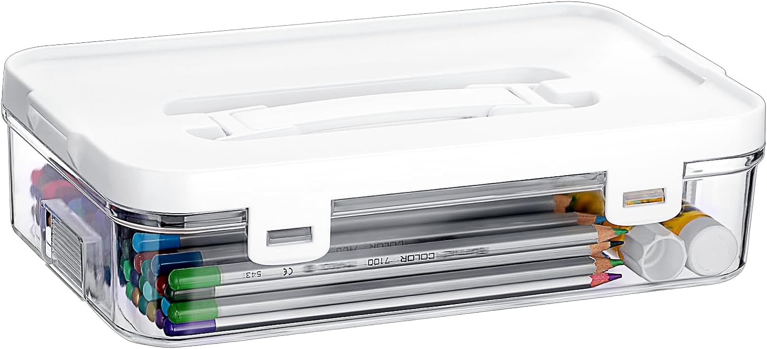 Clear Plastic Storage Container with Lid & Handle for Pencils Markers 1 Pack