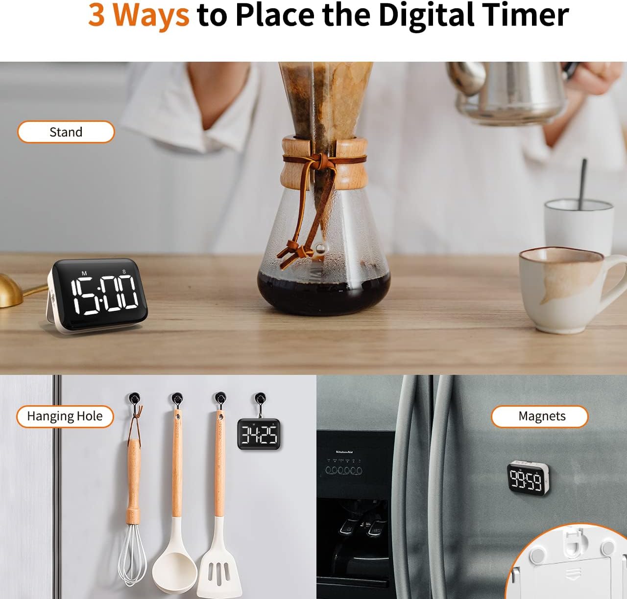 Magnetic Kitchen Digital Timer for Cooking Classroom Large LCD Display