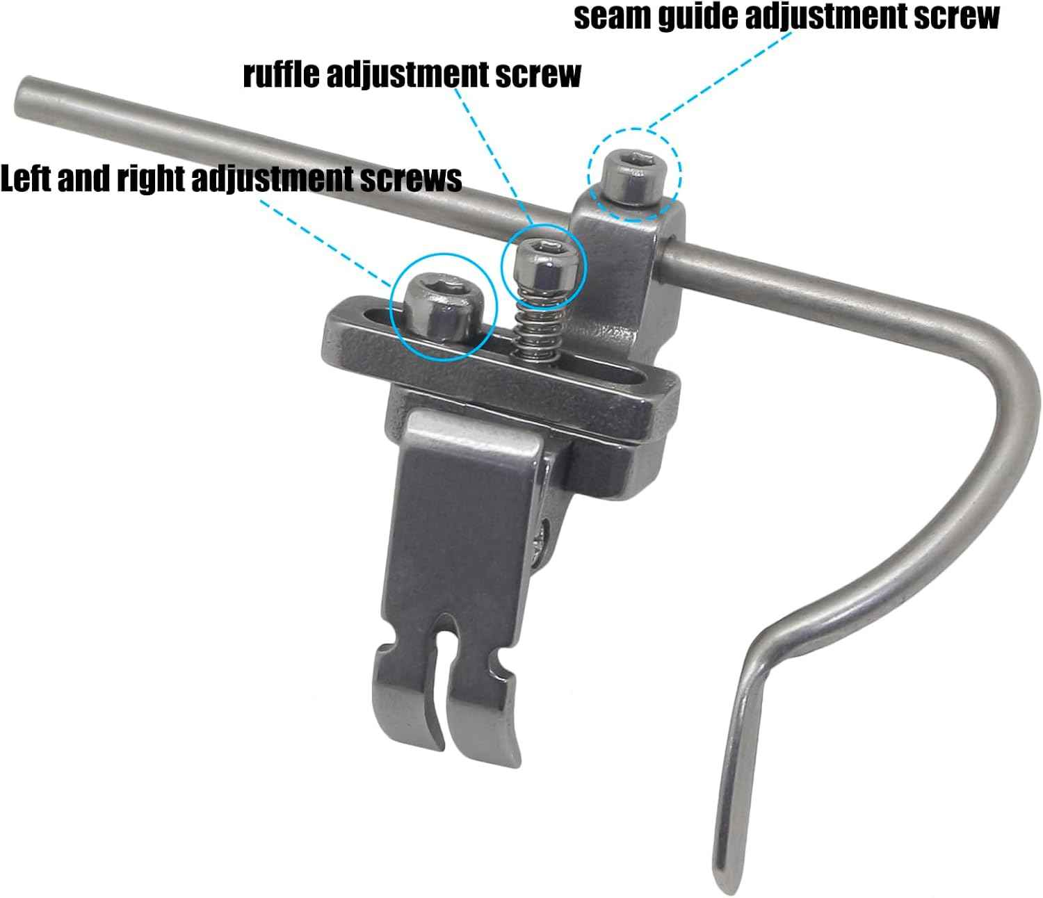 Shirring presser foot with left/right adjustment screws and seam guide adjustment