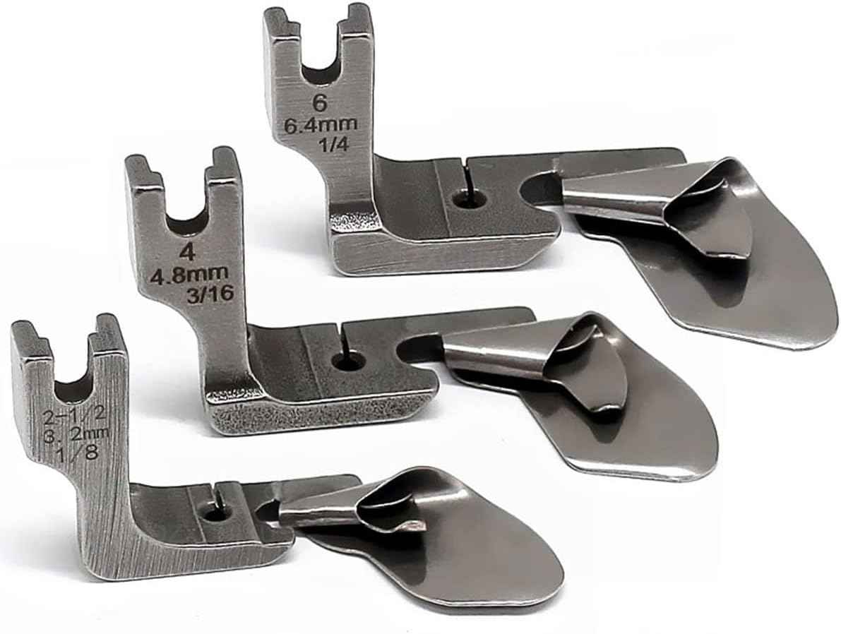 Sewing machine curved hemming foot set, silver metal with 6.4 mm and 4.8 mm markings