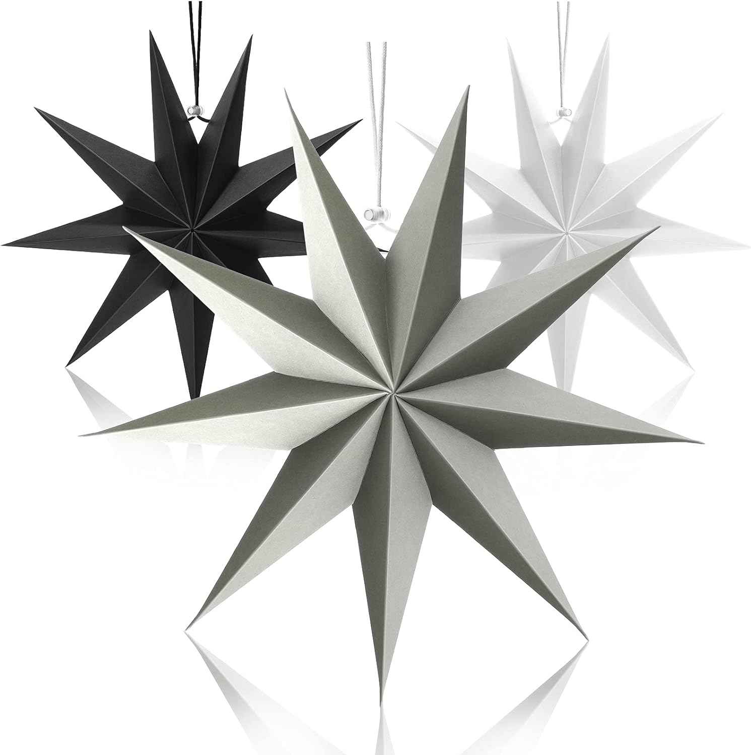 3Pcs Paper Star Lanterns 12 Inch Hanging Decor Black, White, Grey