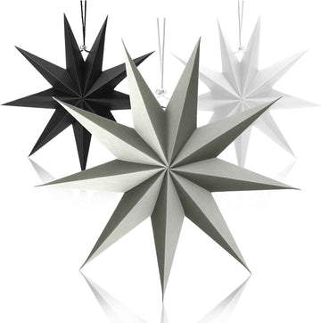 3Pcs Paper Star Lanterns 12 Inch Hanging Decor Black, White, Grey