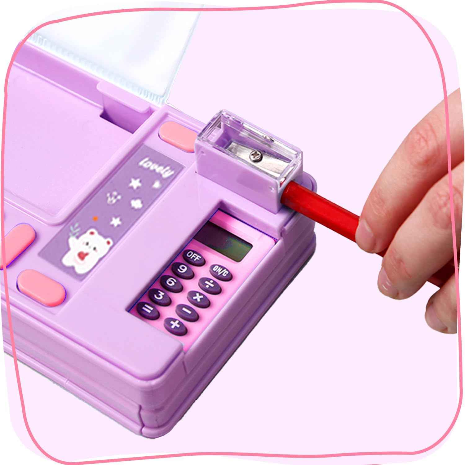 Multifunction Pencil Case with Calculator Sharpener Purple Bear
