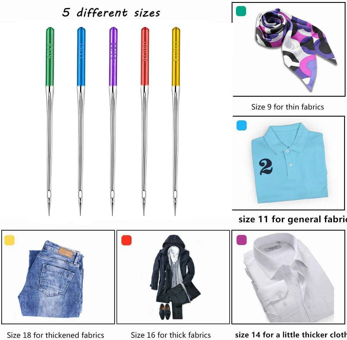 5 sewing machine needles shown by size: green 9, blue 11, purple 14, red 16, yellow 18