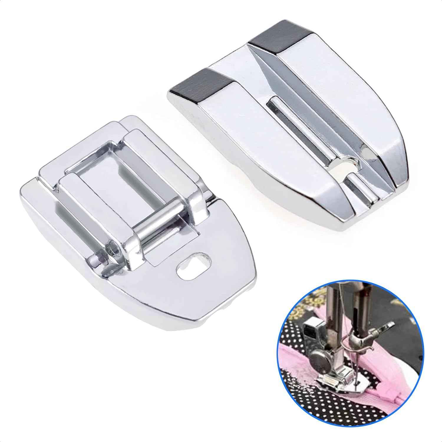 Invisible zipper presser foot set, two styles with silver metal body and black top tabs