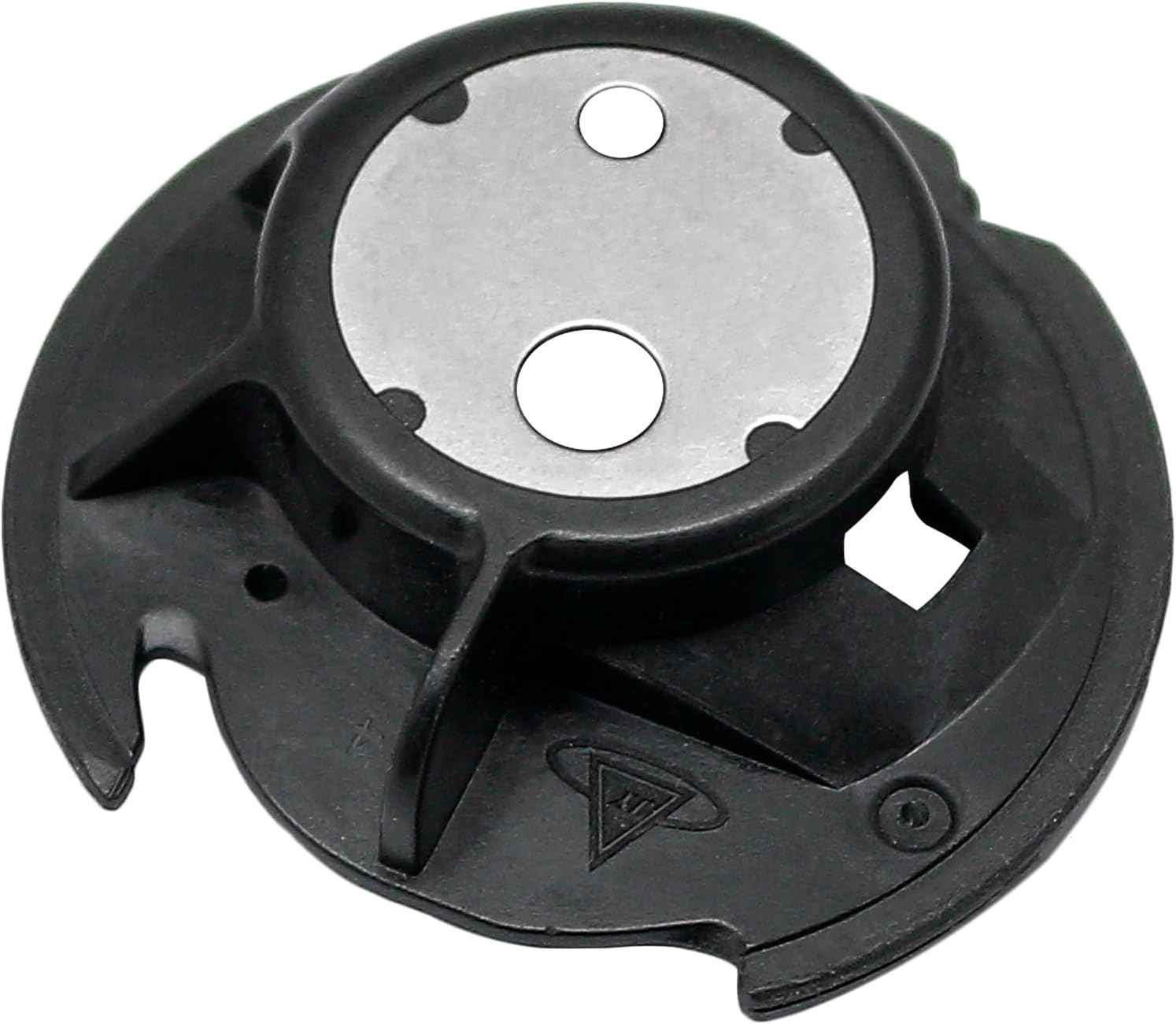 Black bobbin case with triangular logo; silver circular plate and felt area