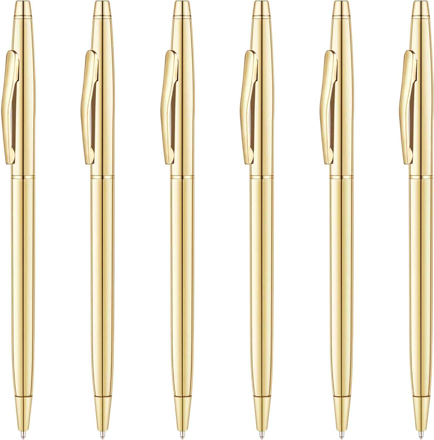 6 Pack Slim Gold Ballpoint Pens Black Ink 1mm