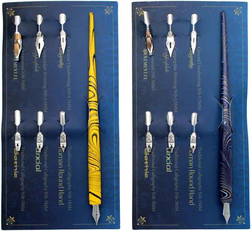 Manga Calligraphy Drawing Pen Dip Pen with 12 Nibs Blue Yellow
