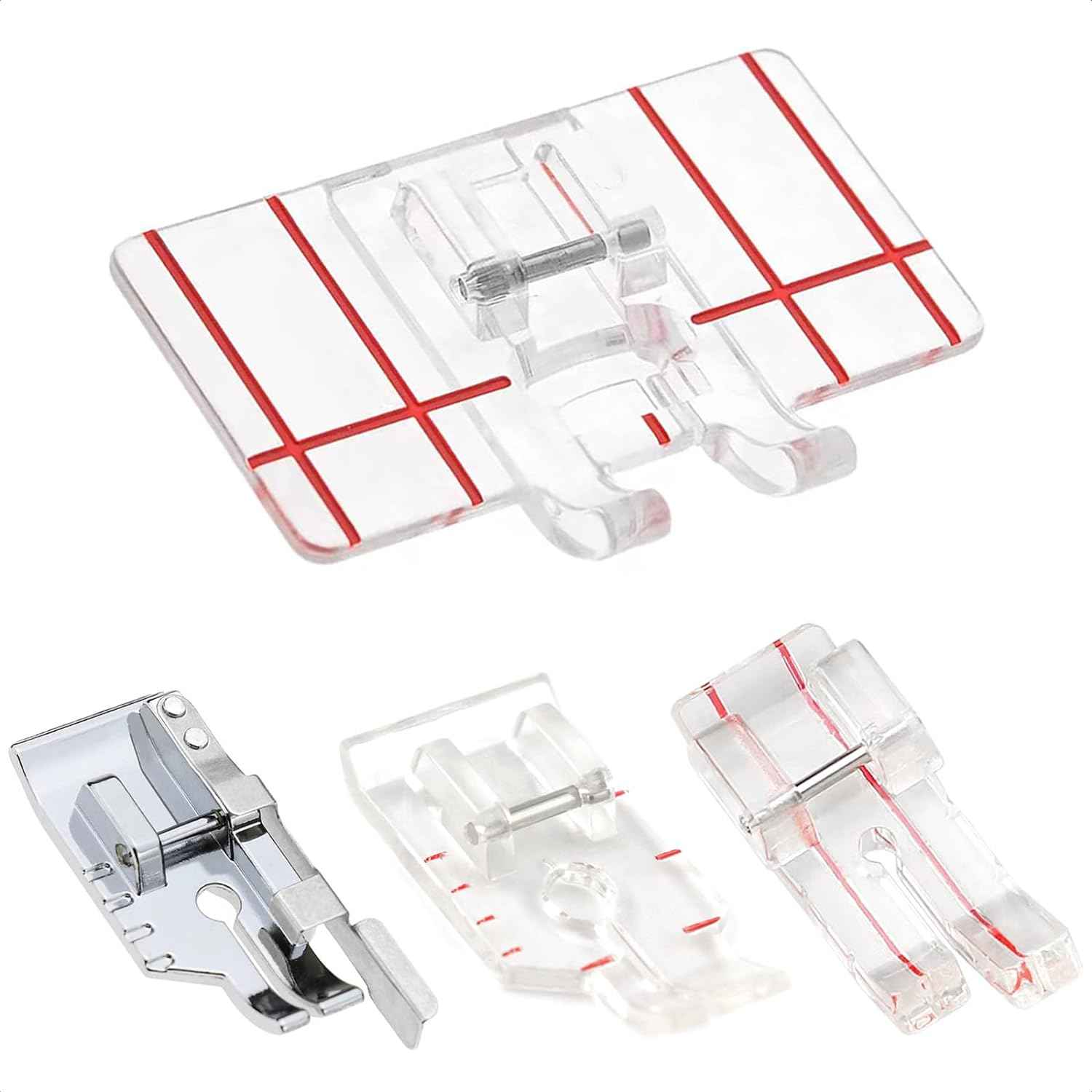 4-piece sewing machine presser foot set: clear guide foot with red grid