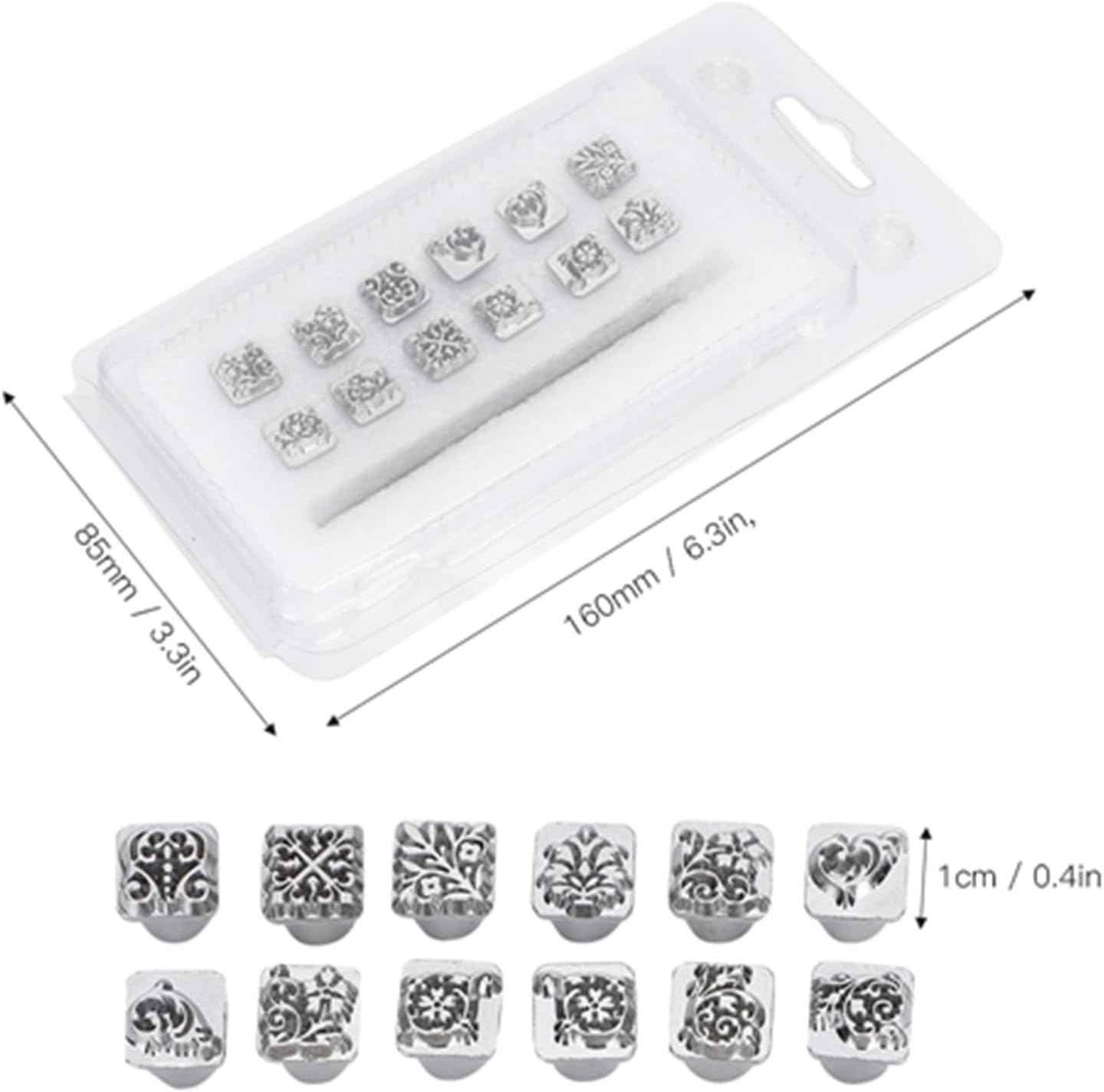 Leather stamping tool heads in clear case, small square ornate designs