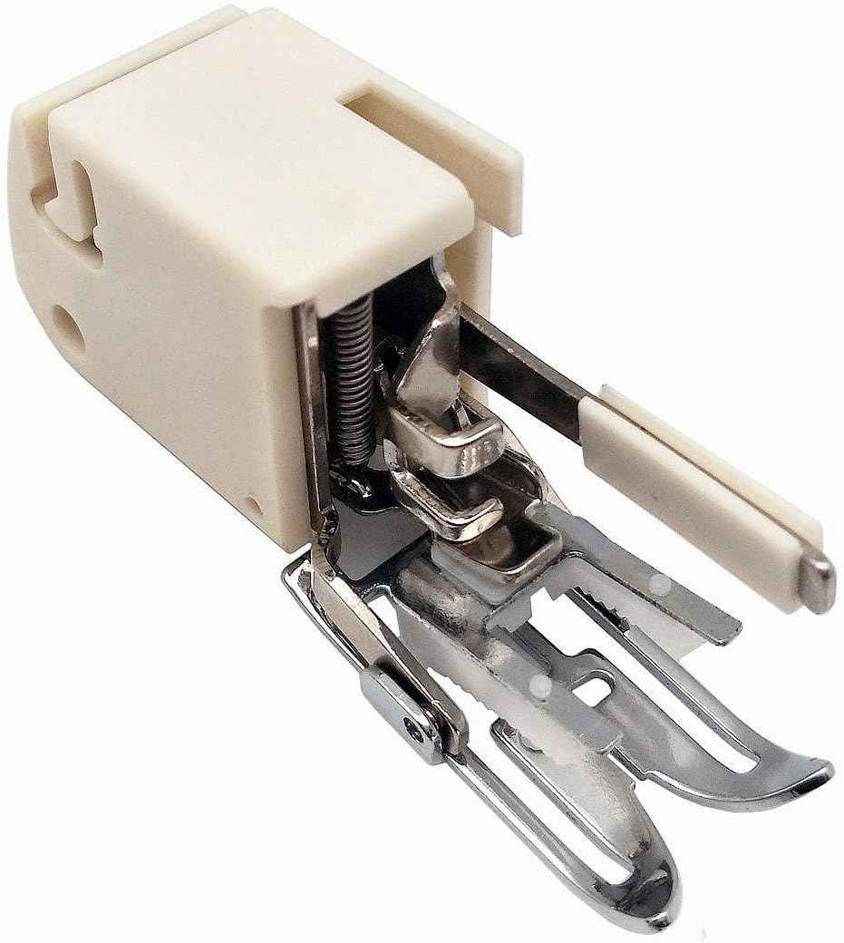 Walking foot presser with white housing, spring linkage, and silver feed rails
