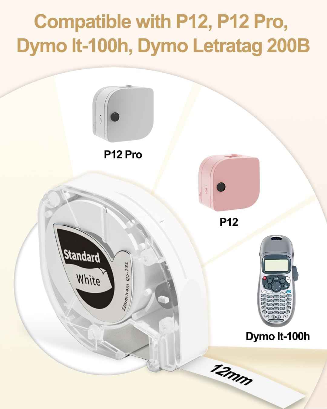 Label Tape (12mm X 4m),Black on Clear,for DYMO Letra Tag Phomemo P12