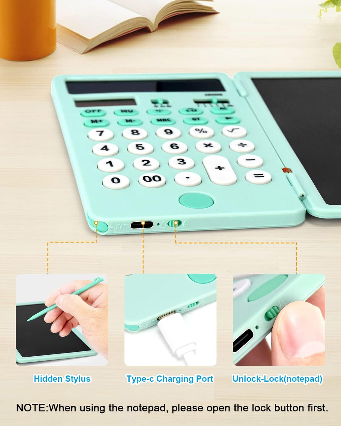 Calculator with LCD Writing Tablet Rechargeable and Solar Power Black