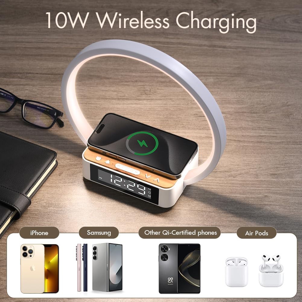 Round Bedside Lamp with Alarm Clock Wireless Charger Nightlight
