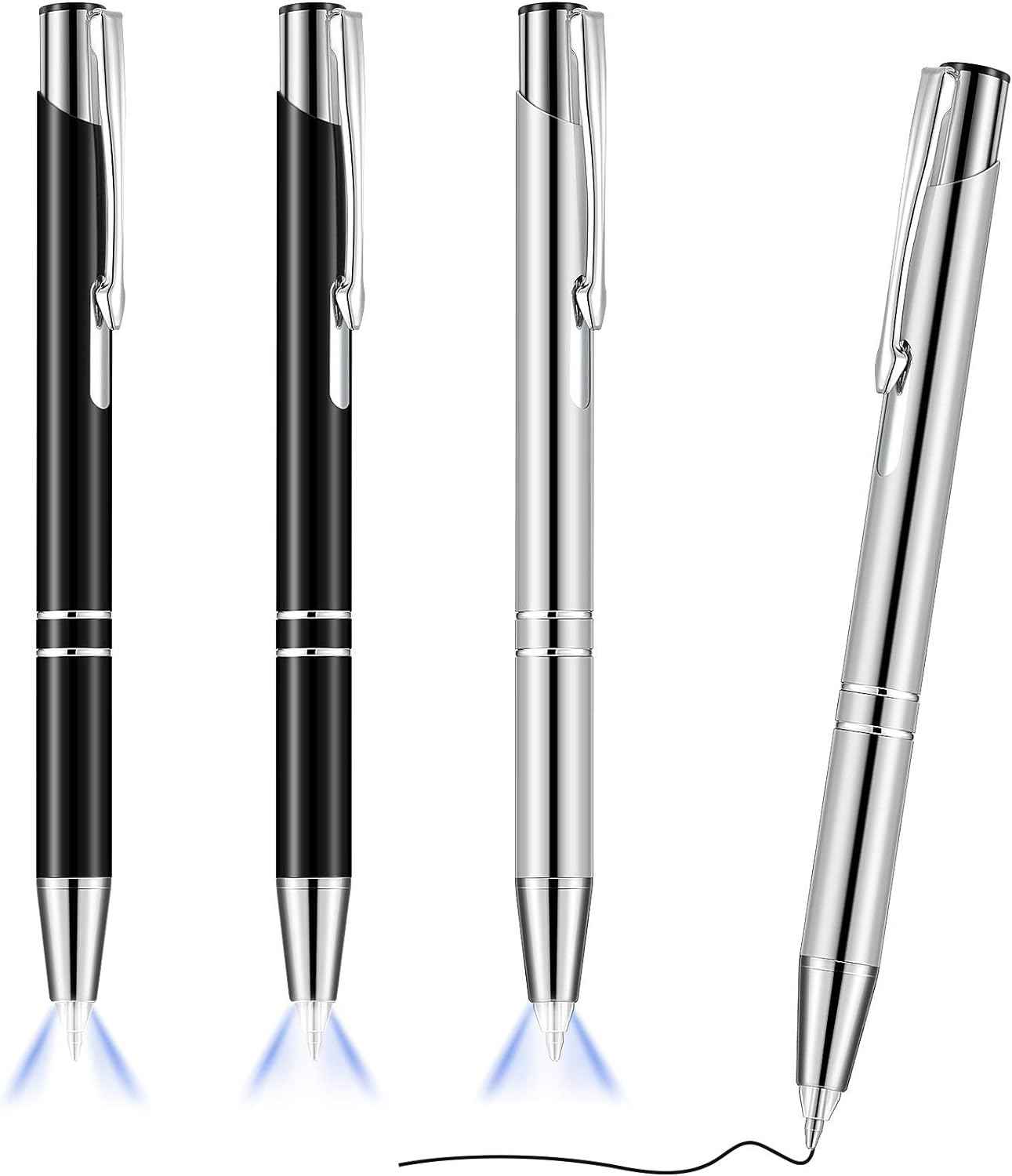 4 Pack Ballpoint Pens with LED Light for Writing in the Dark Black and Silver