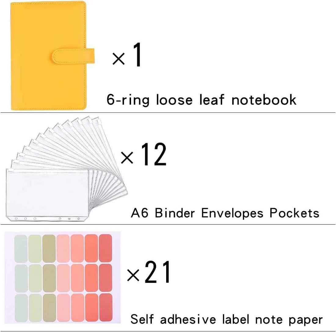 A6 Budget Binder,PU Leather with 12PCS Cash Pockets Yellow