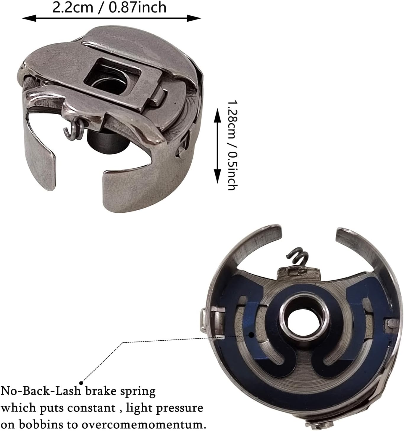 Metal bobbin case with blue inner ring, central bobbin hole and tension spring