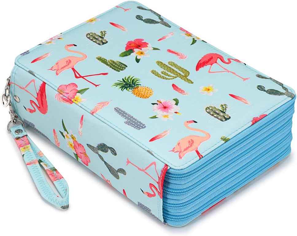 200 Slots Colored Pencil Case Large Capacity Pencil Organizer Blue Flamingo