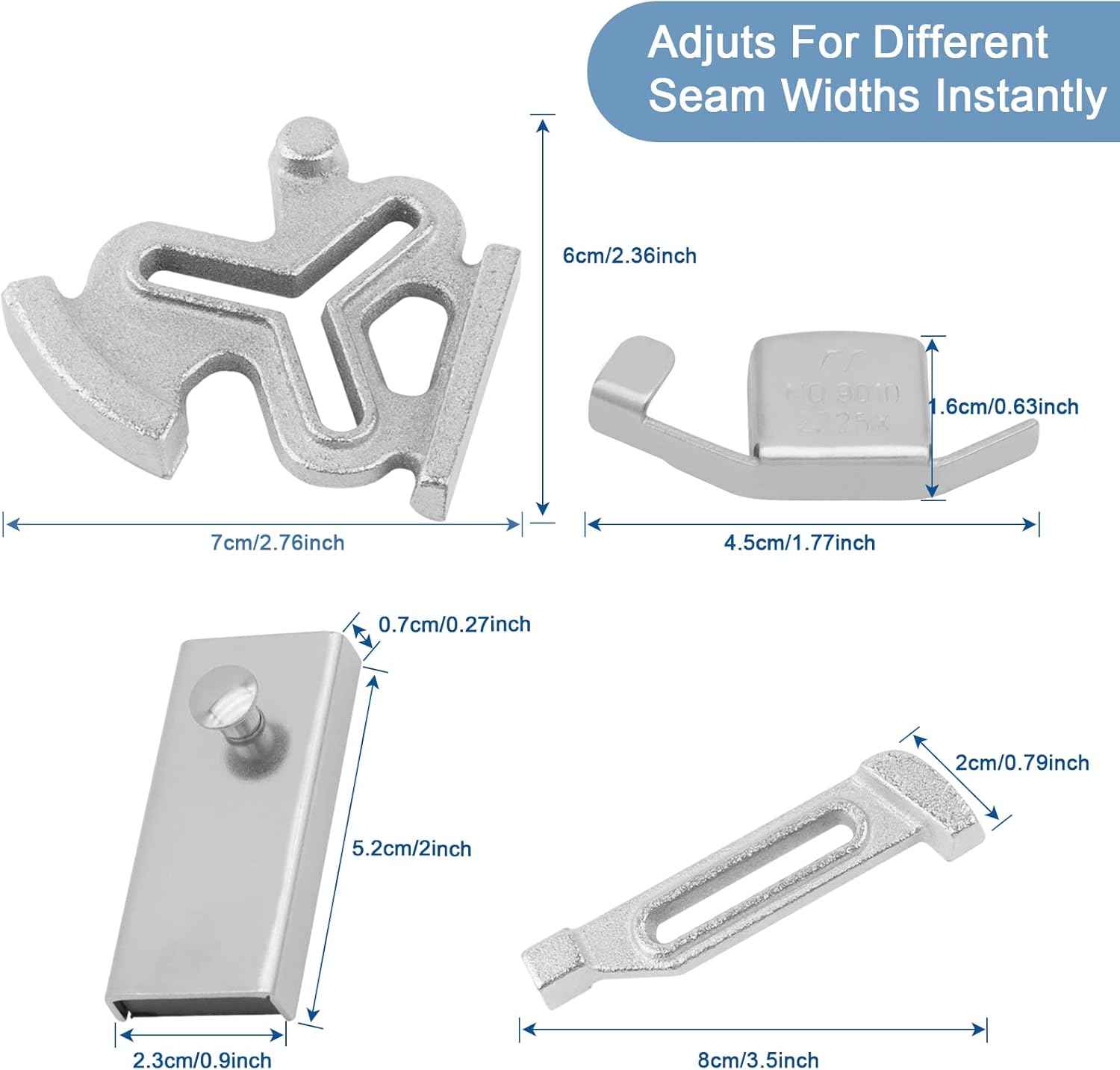 Guía magnética de costura con medidas visibles: base rectangular y pieza curvada