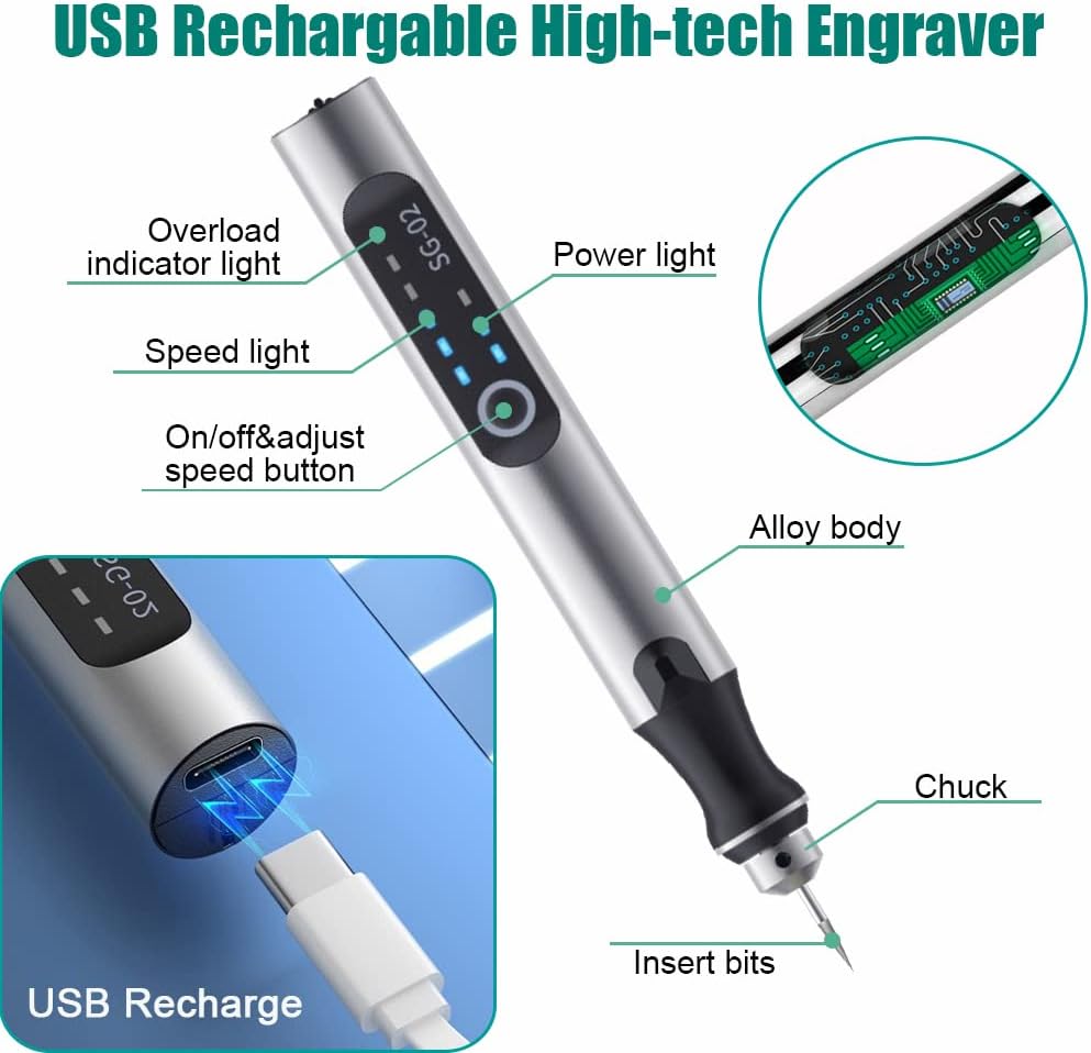 USB Rechargable MINI Jewelry Engraving Machines Pen with 35bits Silver
