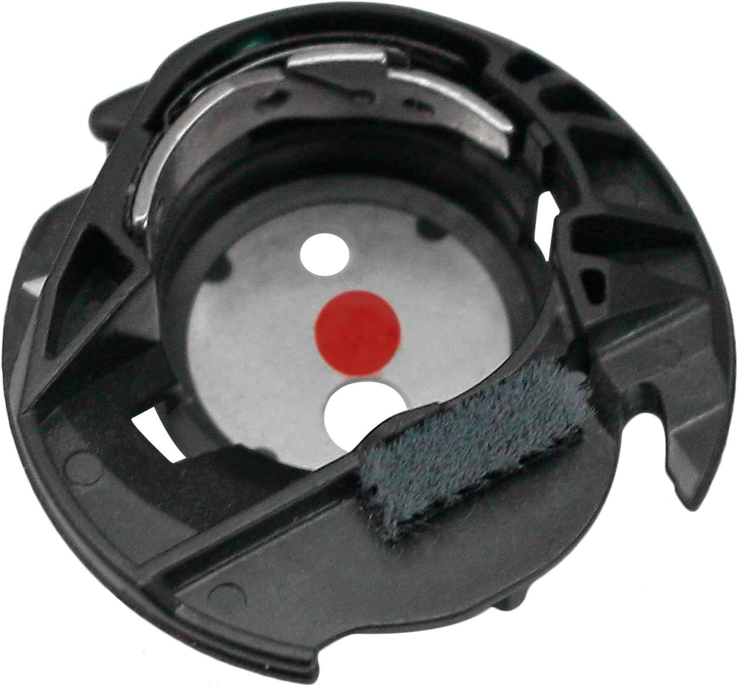 Black bobbin case with metal bobbin race and gray felt pad