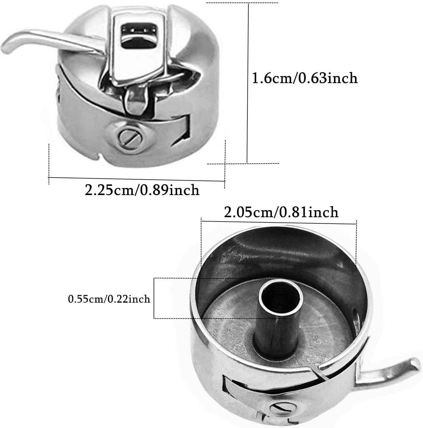 Metal bobbin case, side view with size callouts