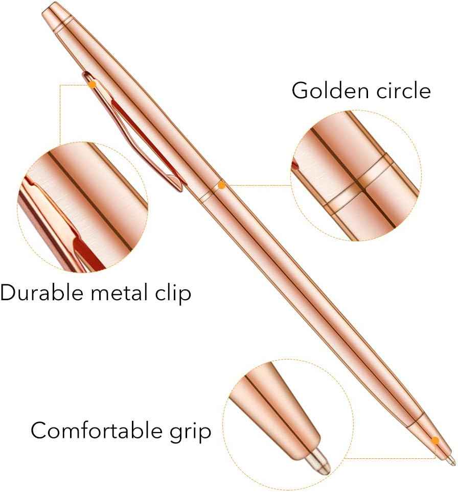 Rose Gold Slim Metallic Retractable Ballpoint Pens 6 Pack