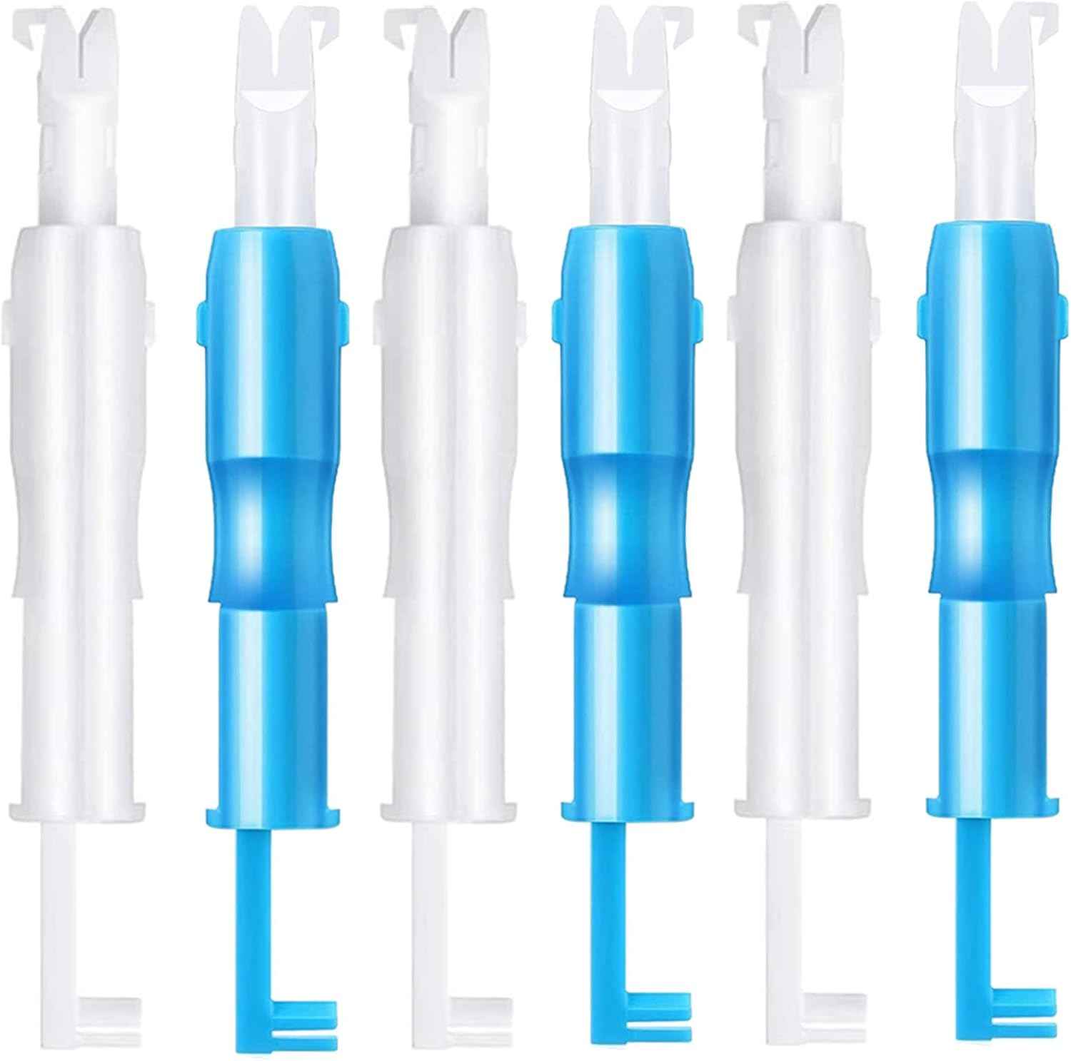 6-piece automatic needle threader set with blue handles and white prongs.