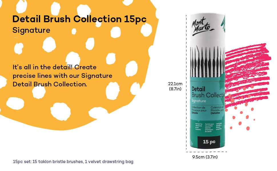Mont Marte Signature Detail Brush Collection,15 Piece,Taklon Bristles