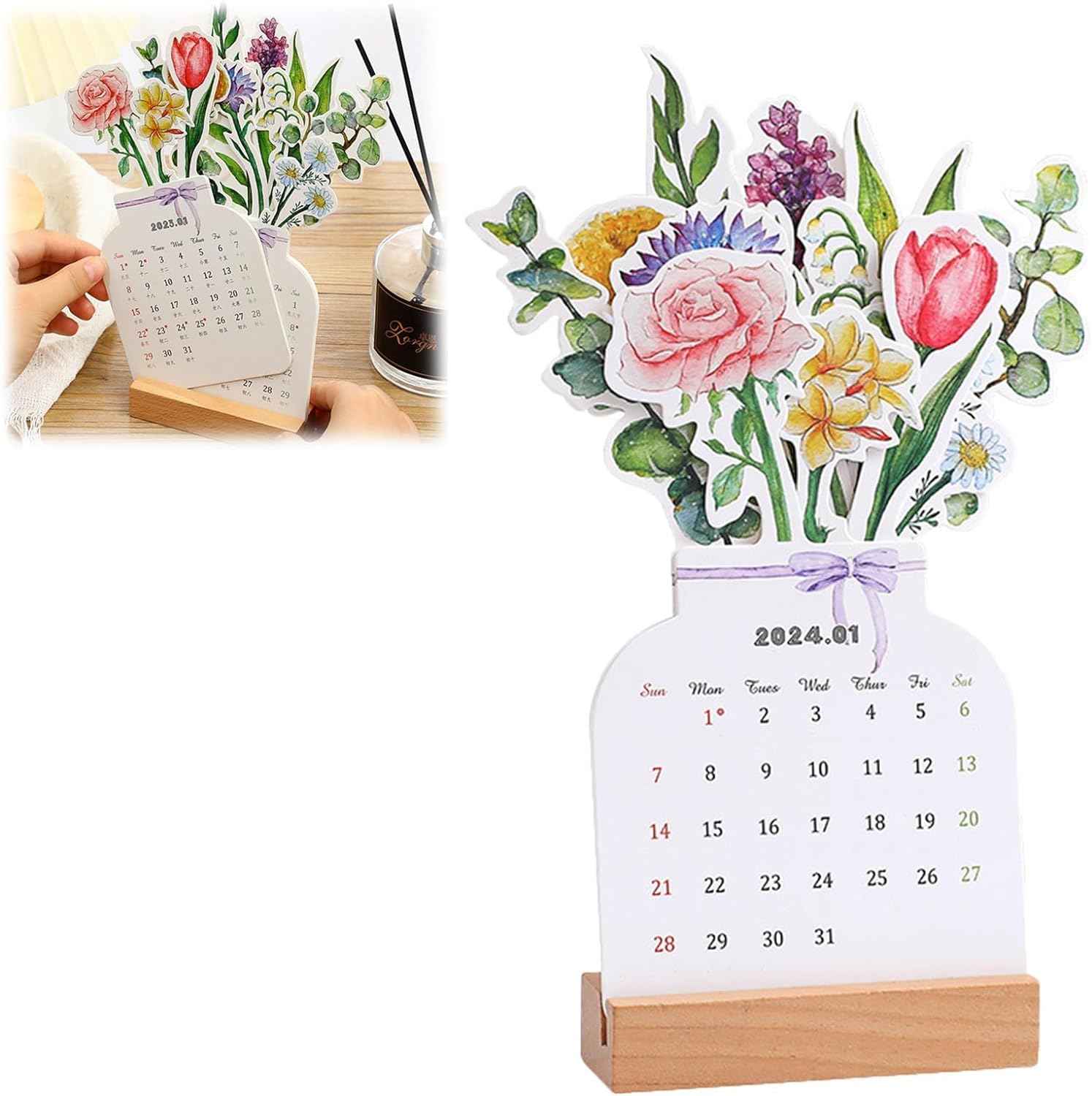 2024 Bloomy Flowers Desk Calendar Monthly Planner Vase Shaped
