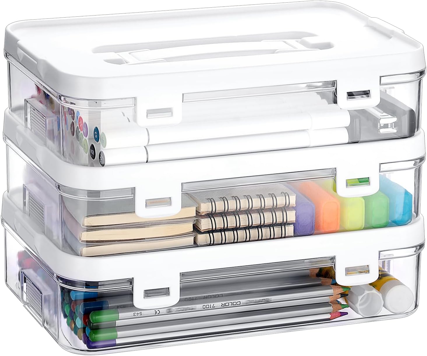 Clear Plastic Storage Container with Lid & Handle for Pencils Markers 3 Pack