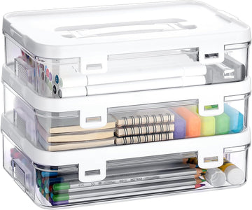 Clear Plastic Storage Container with Lid & Handle for Pencils Markers 3 Pack