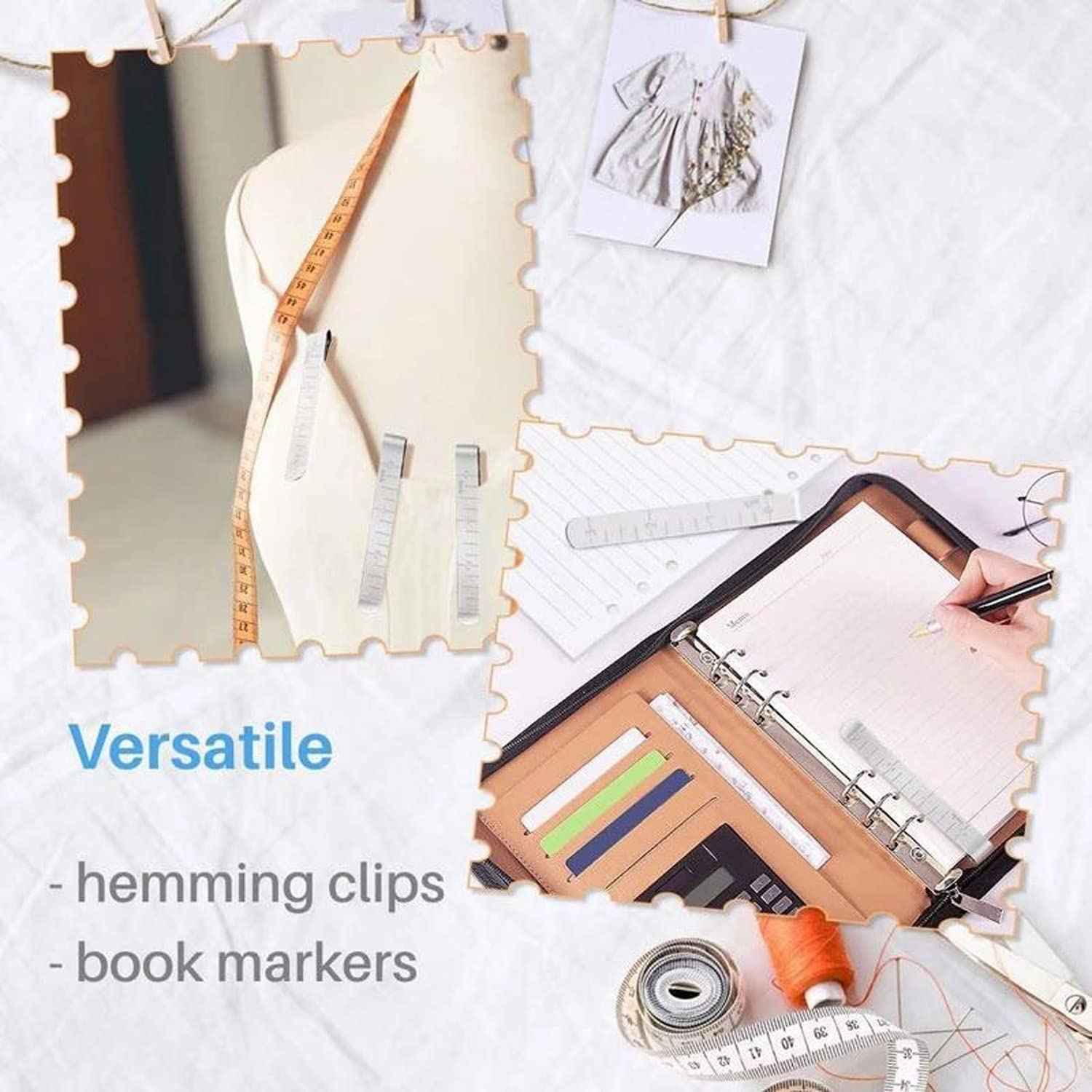 Hemming clip measuring rulers for sewing projects; illustrated clips and accessories