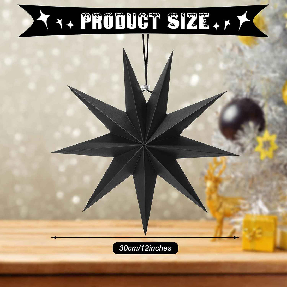 3Pcs Paper Star Lanterns 12 Inch Hanging Decor Black, White, Grey