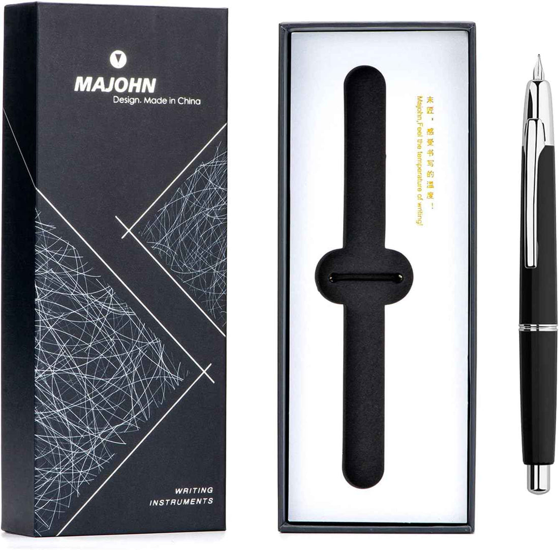 Majohn A2 Press Retractable Fountain Pen Extra Fine Nib with Box Black--Silver Clip