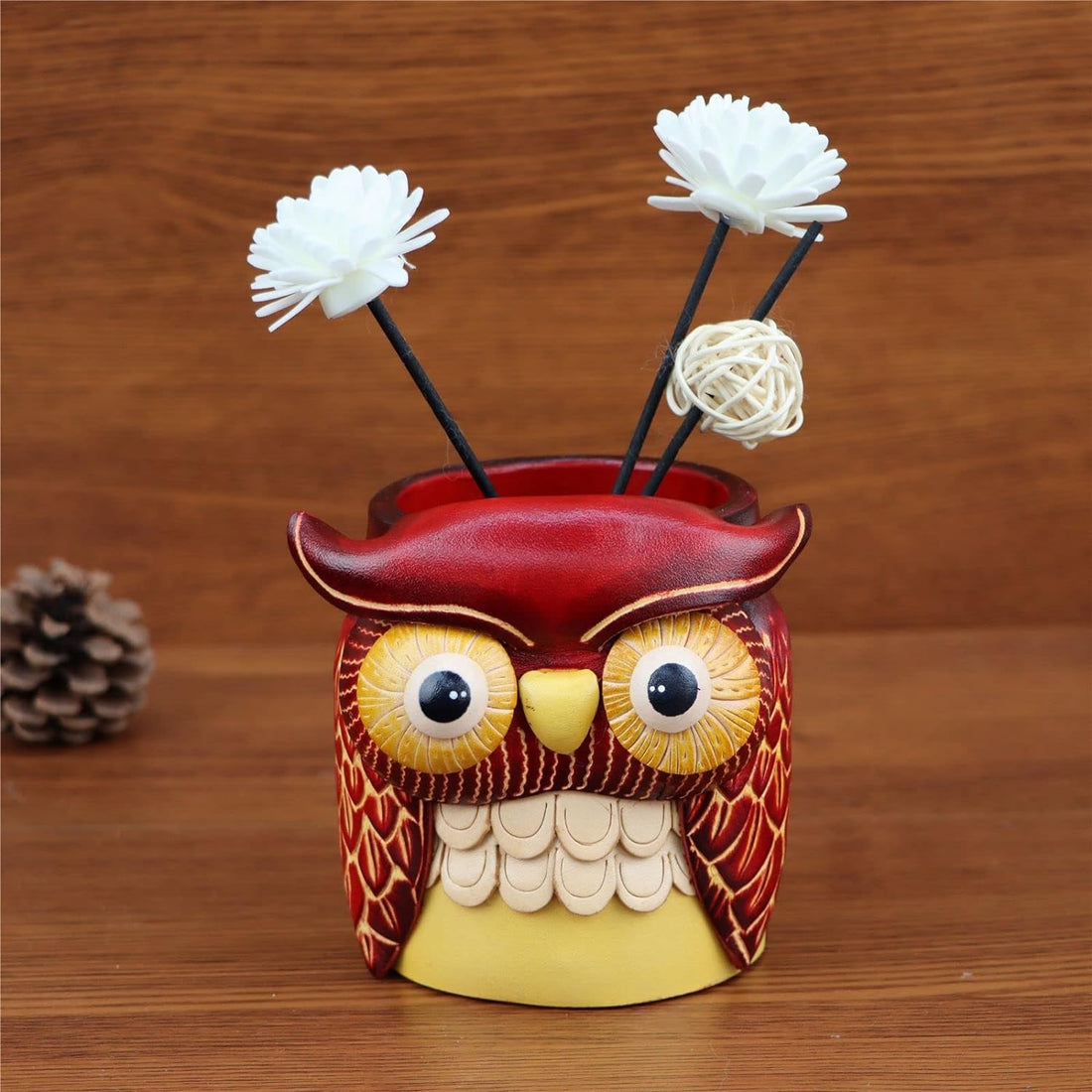 Leather Cowhide Owl Desktop Decorative Pen Holder Organizer Red