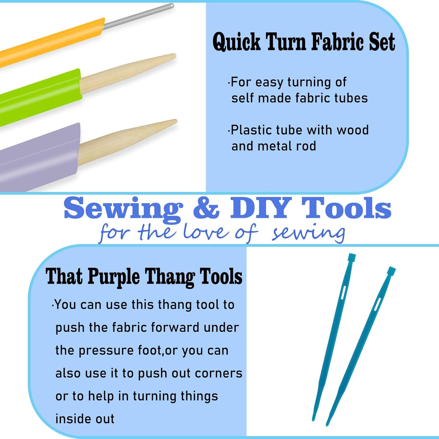 Quick turn fabric set tools: bamboo/wood rod and colored tubes with blue tool pair