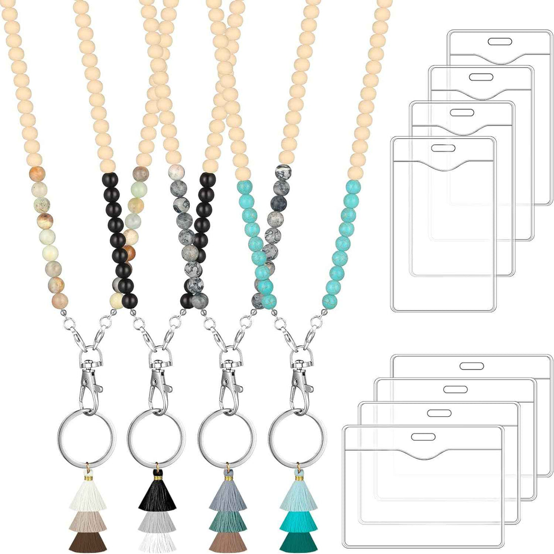 12 Pieces Wood Beaded Lanyards and Card Holder Set Cute Style