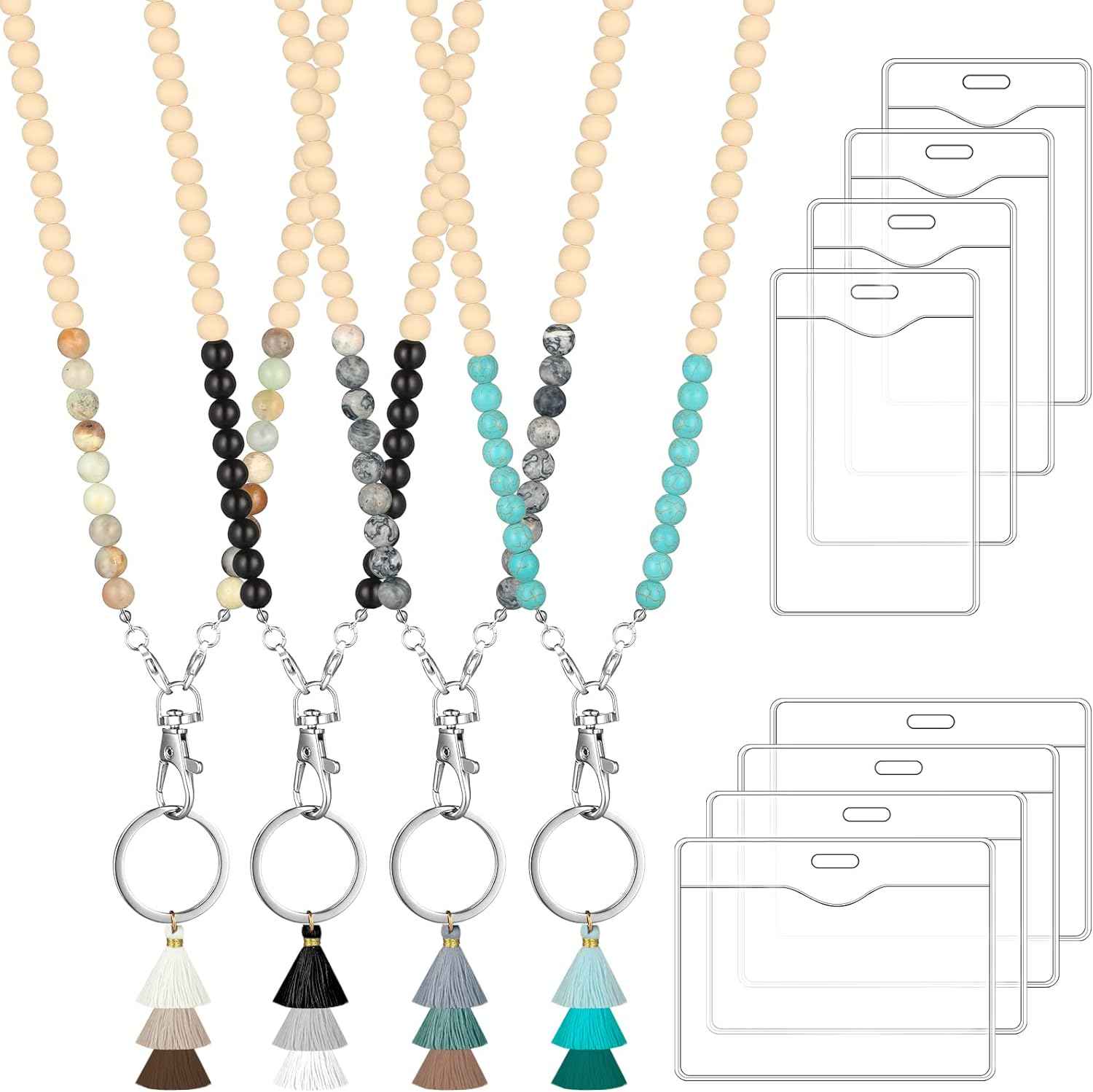 12 Pieces Wood Beaded Lanyards and Card Holder Set Cute Style