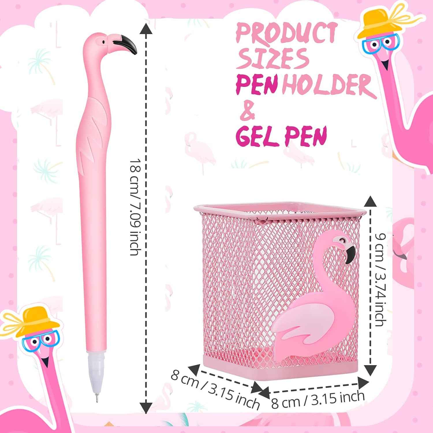 14Pcs Metal Flamingo Gel Pens and Pencil Holder Set Pink