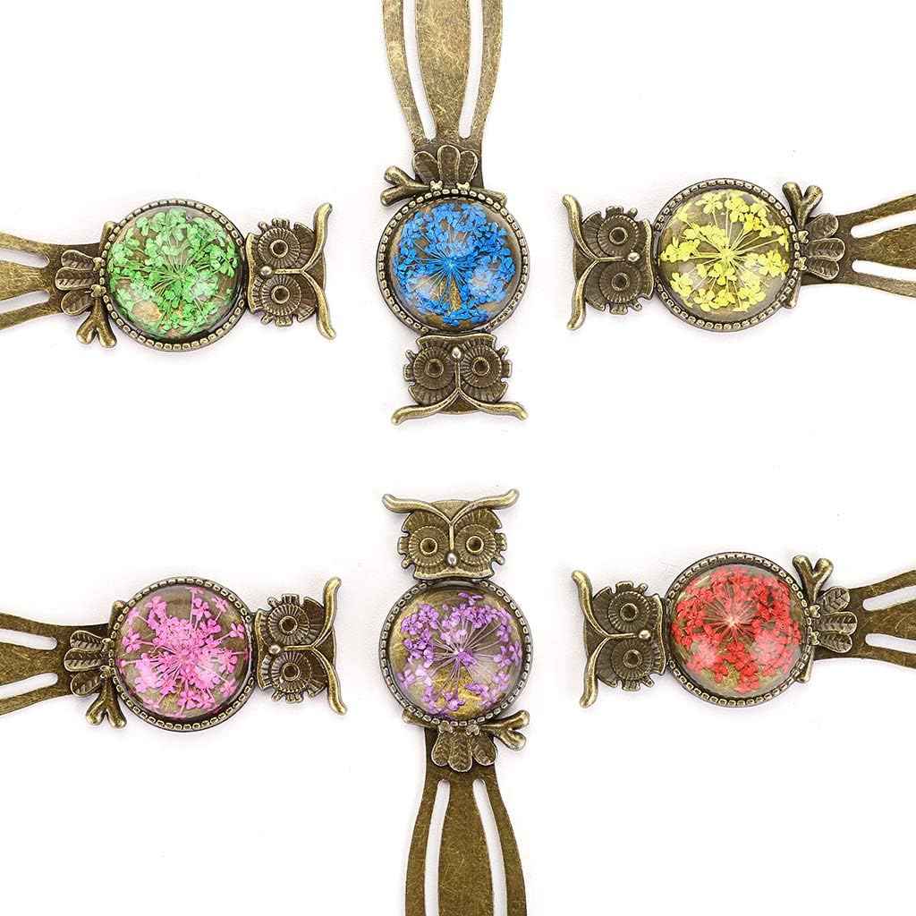 6 Metal Bookmark Clips Vintage Owl Bookmark Ruler with Dried Flower