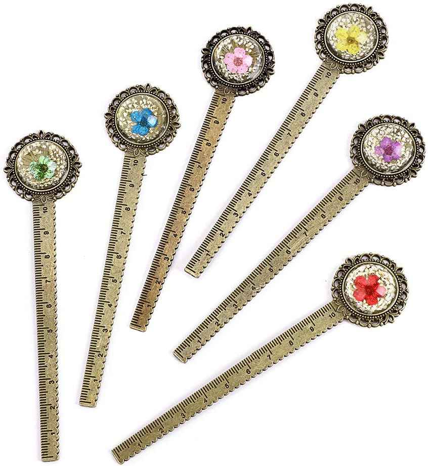 6PCS Retro Metal Bookmark Ruler Bronze Book Mark with Dried Flower Cherry Blossoms