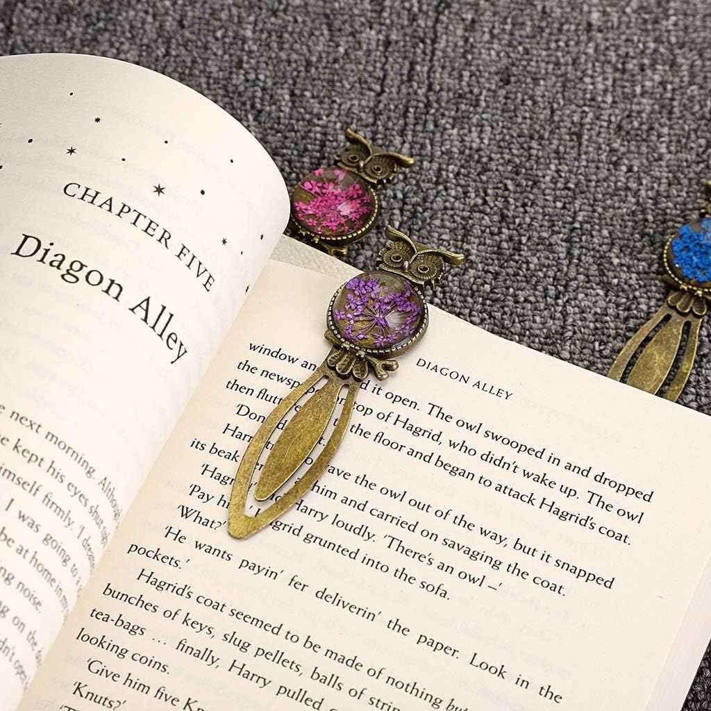 6 Metal Bookmark Clips Vintage Owl Bookmark Ruler with Dried Flower