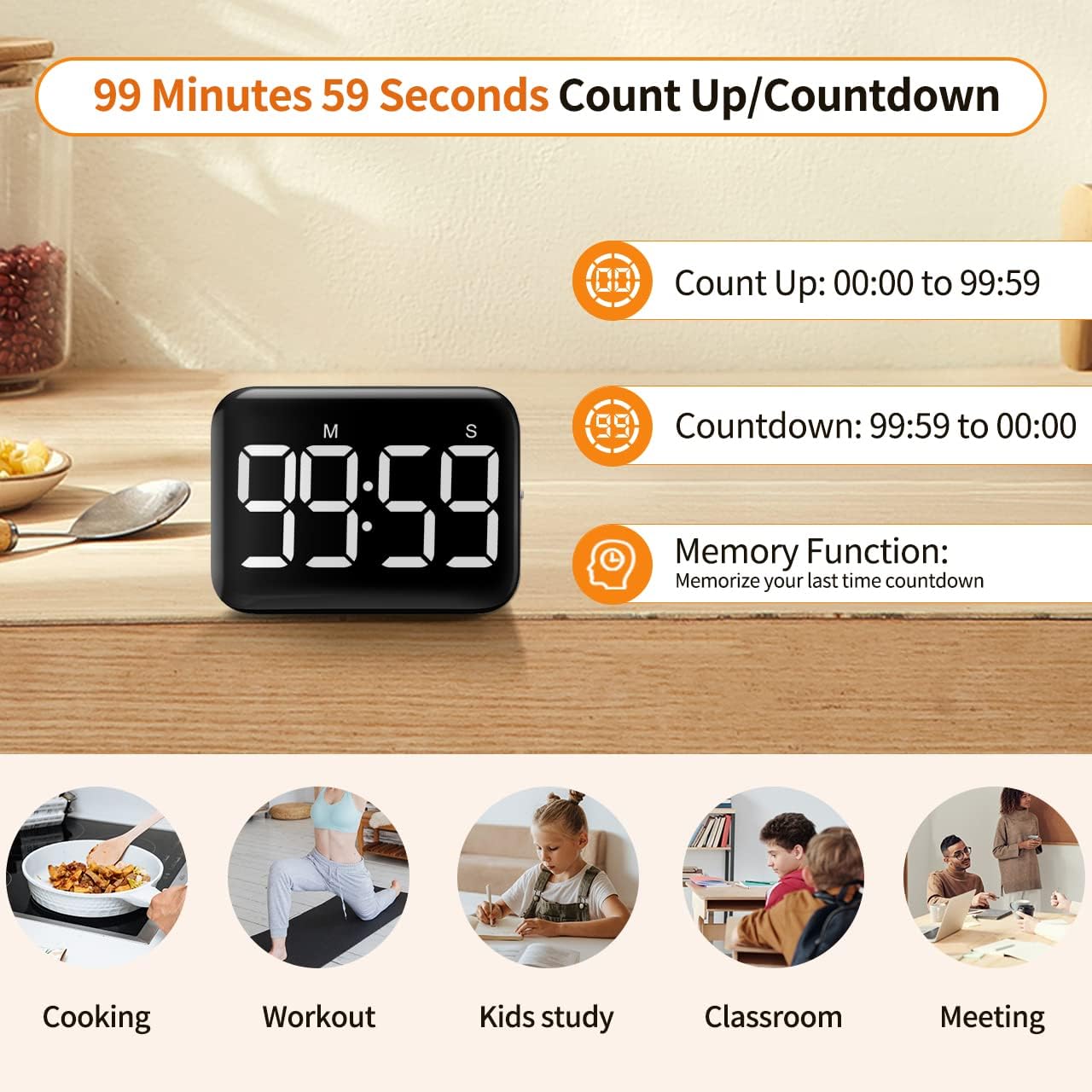 Magnetic Kitchen Digital Timer for Cooking Classroom Large LCD Display